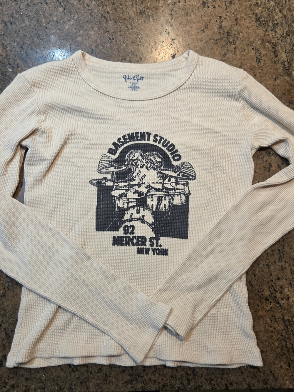 Brandy Melville Cream Waffle-Knit Long Sleeve with Black Drum Graphic